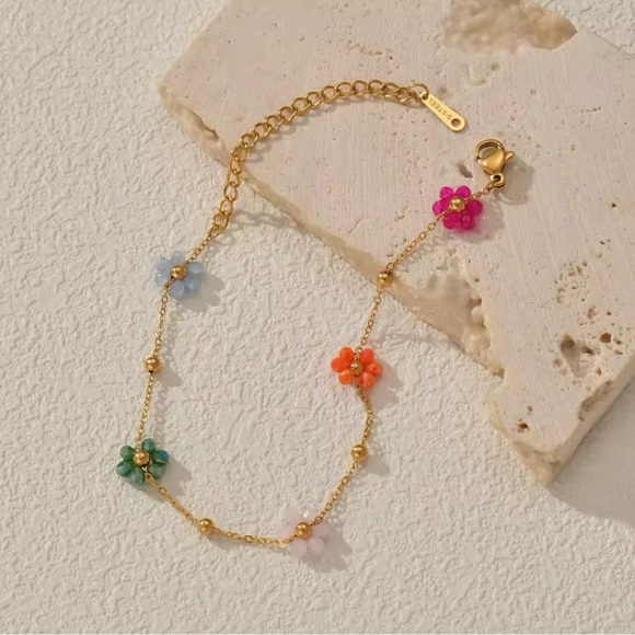 18K Gold Bohemian Beaded Flower Chain Bracelet Colorful Minimalist No Fade - Picture 5 of 9